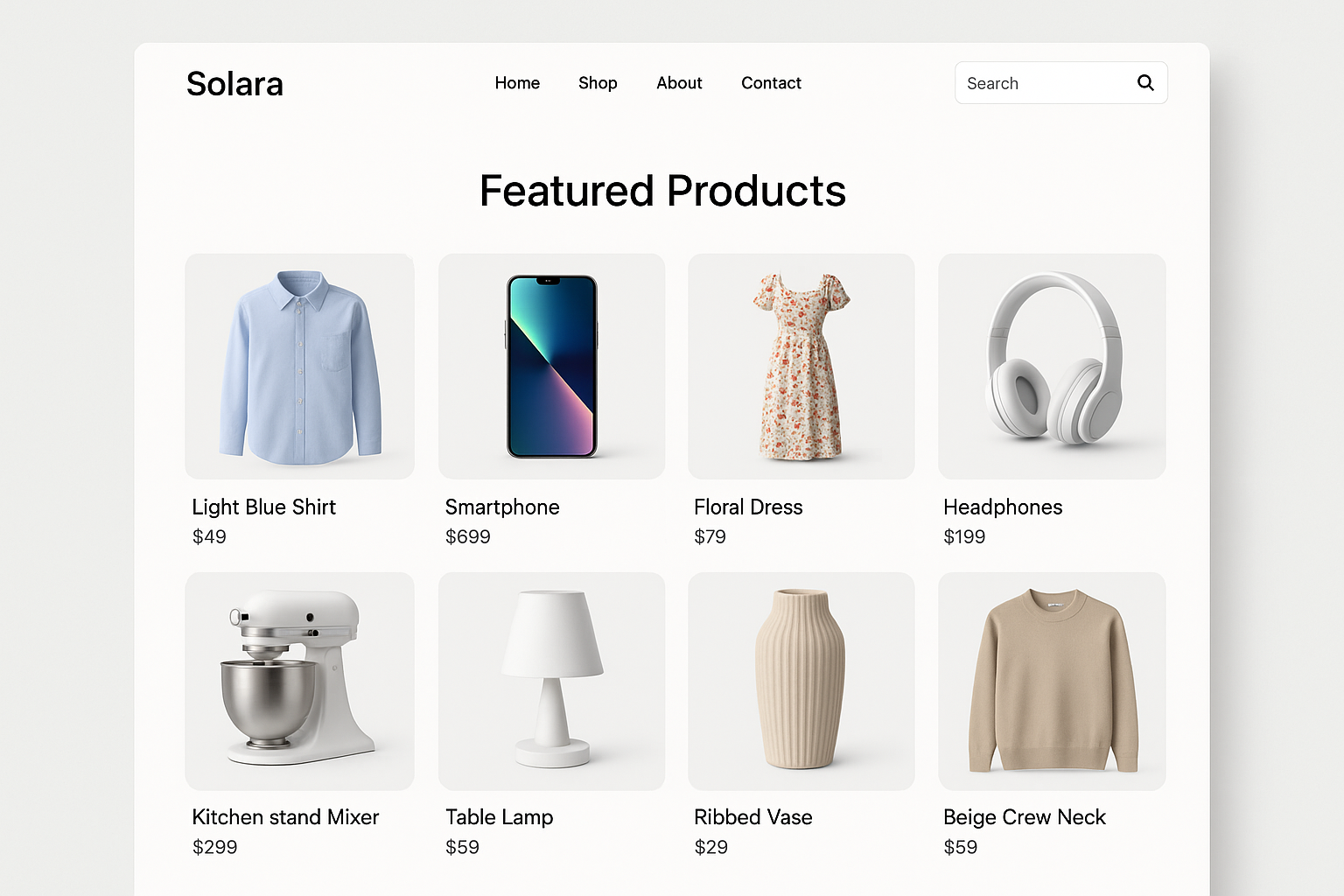 ui design , online store web site , white theme, clean and clear, 3D, choths, gagets, house hold items in a the online website interface, store name solara